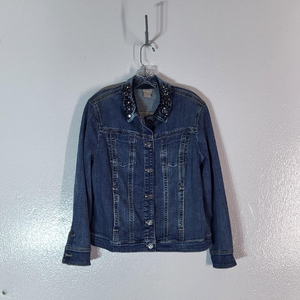 Chico's Women's Embellished Collar Blue Denim Jacket Button Up Front  Size 1